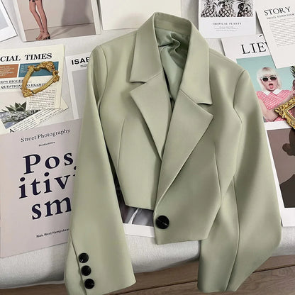 Autumn Solid Color Cropped Suit Jacket for Women Turn Down Collar Single Button Blazer Female Casual Office Lady Blazers Coat