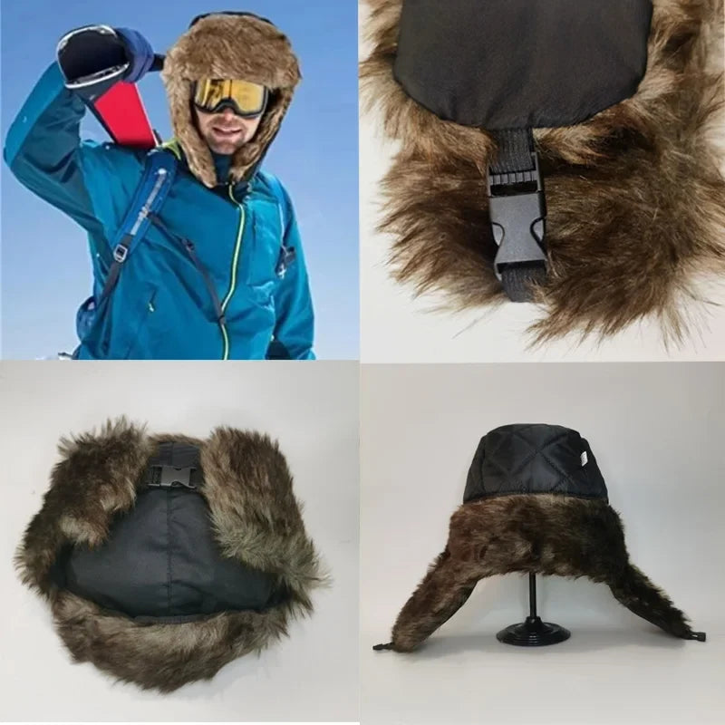 Men's Warm Soldier Hat Winter Pilot Patrolman Earmuffs Polyester Fiber Warm Russian Ski Hat Windproof Cold Pilot Hats