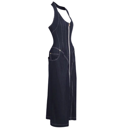 2025 New Women Celebrity Sexy Backless Halter Blue Zipper Denim Maxi Long Gowns Dress Elegant Evening Party Club Vestido