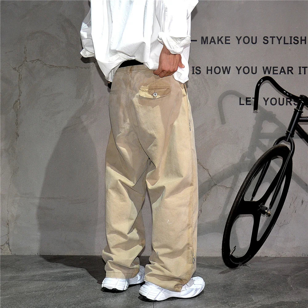 ‌Japanese Premium Vintage Distressed Paint Splash Cargo Pants Men Streetwear Loose Casual Straight Leg Haram Trousers Trendy