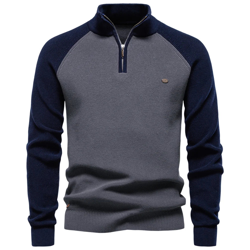 Men's Cotton Mock Neck Pullover Sweater Stand Collar Quarter Zipper Warm Casual Autumn Winter Social Sweater