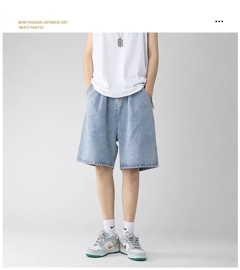 Wide Baggy Denim Shorts Men Summer Thin Solid Color Casual Loose Knee-length Pants Male Jeans Shorts Streetwear