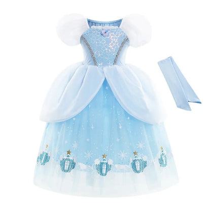 Princess Cinderella Girls Cosplay Cinderella Blue Short Sleeves Costume Kid Halloween Birthday Party Dress + Sleeves Suit