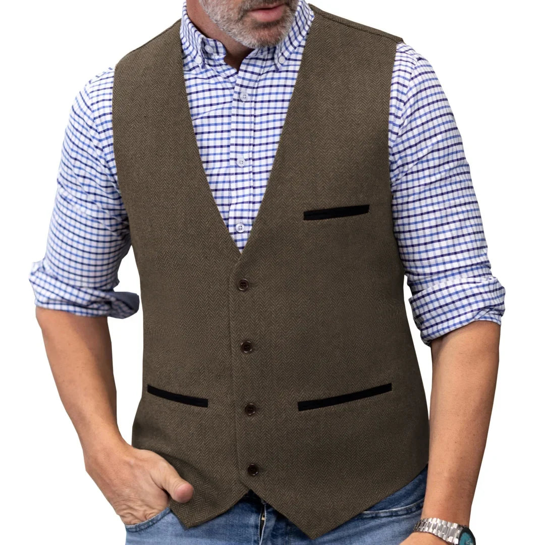 Men Vest Brown V Neck Single ButtonTweed Casual Business Waistcoat For Wedding Party Banquet Prom Work Men Suit Vest
