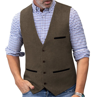 Men Vest Brown V Neck Single ButtonTweed Casual Business Waistcoat For Wedding Party Banquet Prom Work Men Suit Vest
