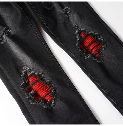 Men's Cracked Red Pleated Patch Biker Jeans Streetwear Patchwork Stretch Denim Pants Skinny Tapered Black Trousers