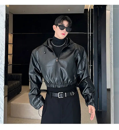 Spring Autumn Short Waterproof Black Pu Leather Jacket Men Hood Zipper High Waist Loose Casual Korean Fashion 2025
