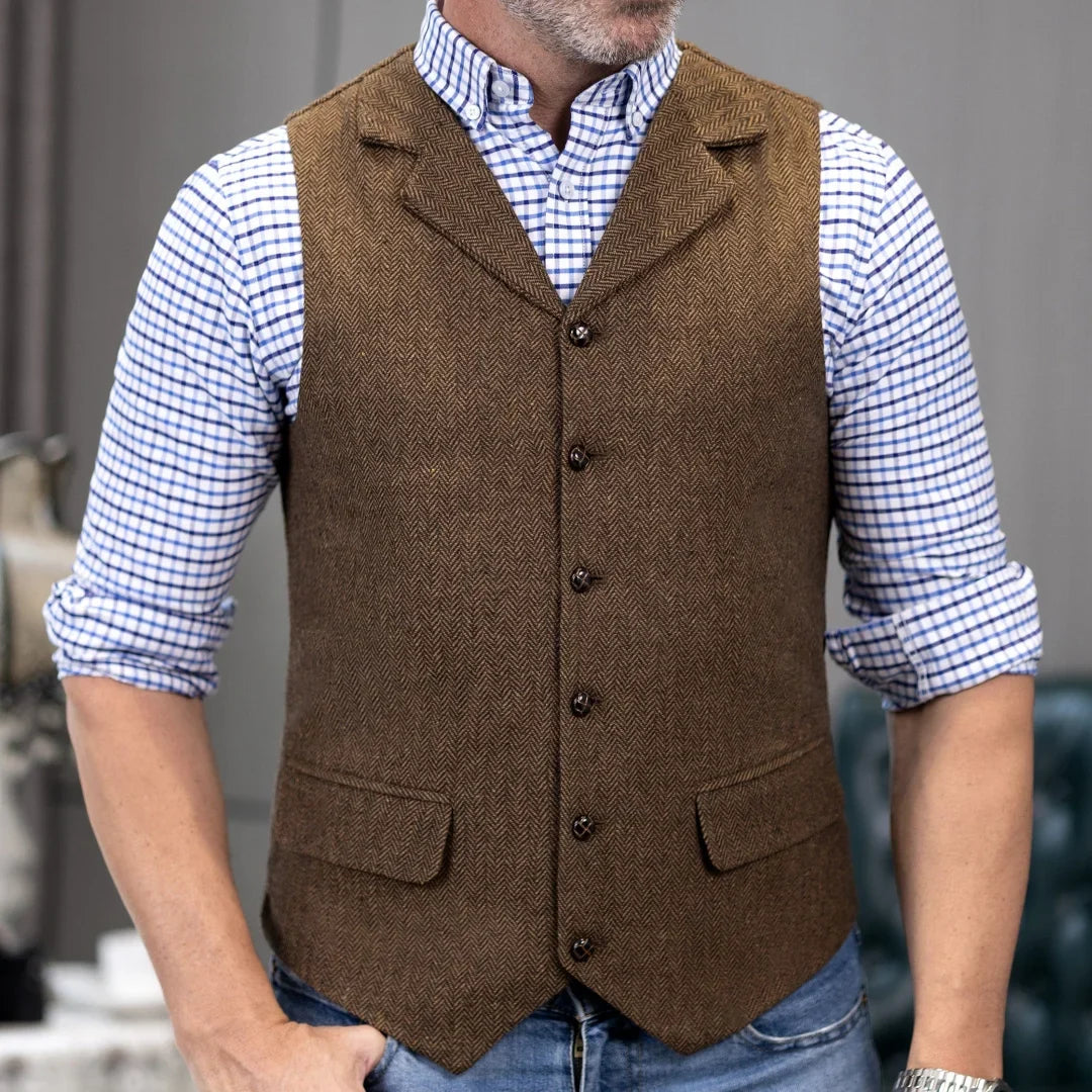 Men Vest Brown Herringbone Single Button With Lapel Waistcoat For Wedding Banquet Party Business Work Daily Casual Men Suit Vest