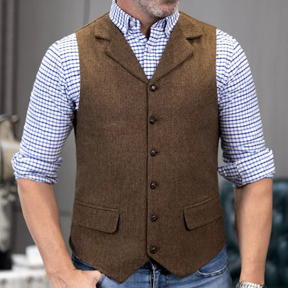 Men Vest Brown Herringbone Single Button With Lapel Waistcoat For Wedding Banquet Party Business Work Daily Casual Men Suit Vest