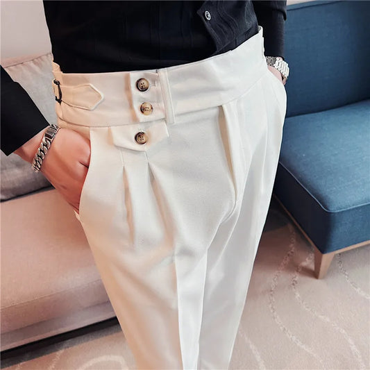 British Style Spring New Solid Business Casual Suit Pants High Waist Button Men Formal Pants High Quality Slim Office Trousers