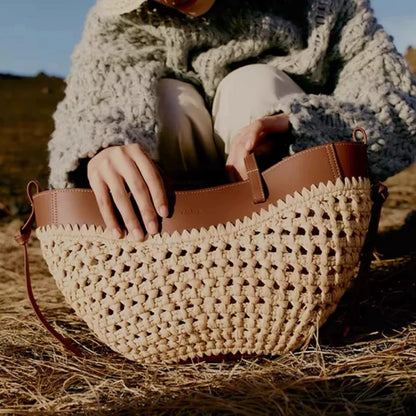 2026 Summer Hollow-out Raffia and Pu Leather Everyday Bag Lightweight Handcrafted Large Straw Tote Bag for Women Beach Bags