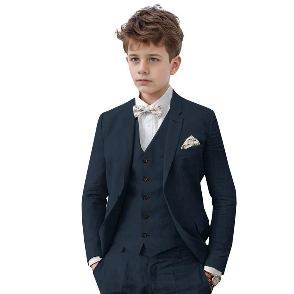 Breathable Linen Boys Suit Set 3 Pieces For Wedding Party,Notched Lapel Kids Suits Piano Performance Outfit Toddler 3-16Y
