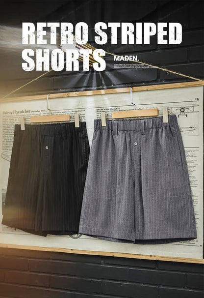 Men's Vintage Vertical Striped Suit Shorts Men's Summer Elastic Waist Straight Leg Office Shorts Business Casual Pants