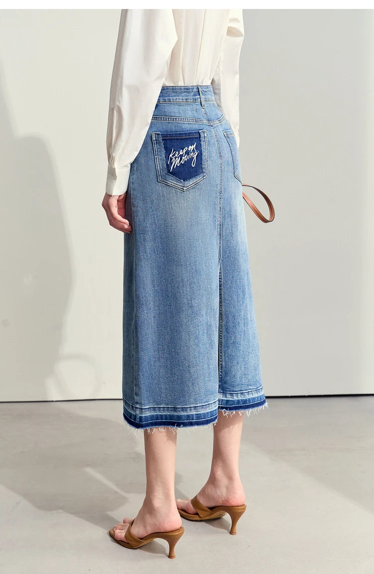 Minimalism 2024 Summer New Casual Denim Style Women Jeans Skirts Letters Embroidery Open Fork Female A-line Skirt 12442282
