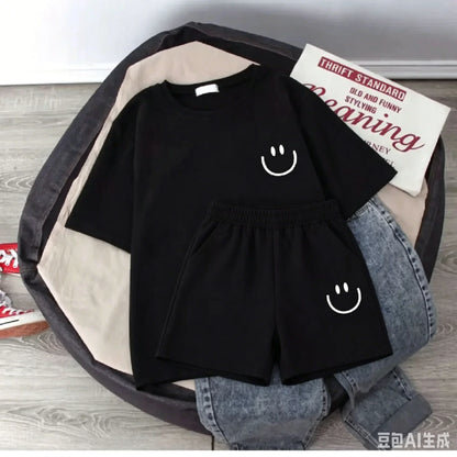 2026 New Summer Smiling Face Print Kids T-shirt Set Short-sleeved Pure Cotton Loose Basic Versatile Cool Simple Kids Outfit Tops