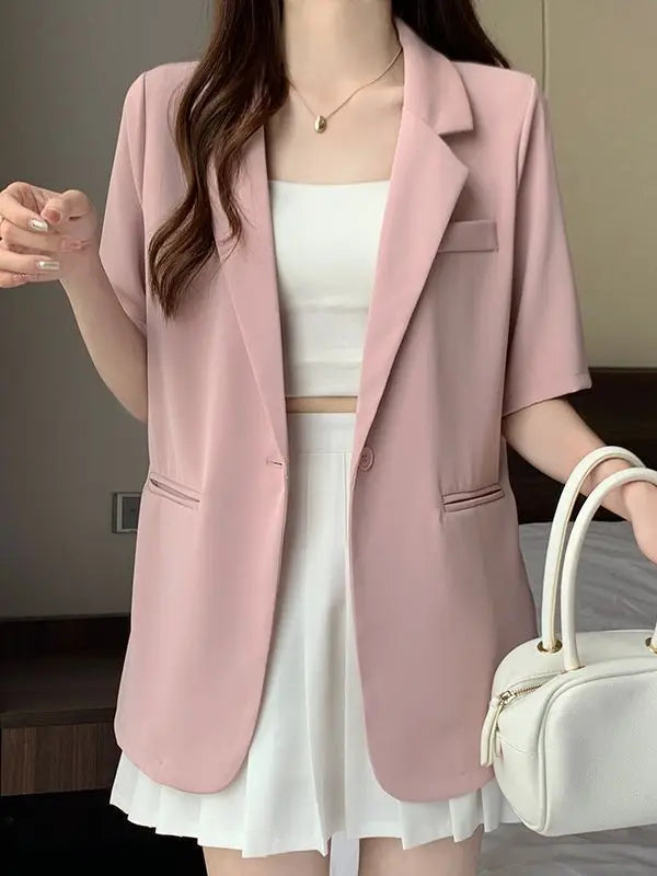 Loose Casual Thin Short Sleeve Women's Suit Jacket Summer New Style Korean Version Fashionable All-Match Lightweight Polyeste...