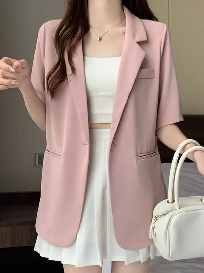 Loose Casual Thin Short Sleeve Women's Suit Jacket Summer New Style Korean Version Fashionable All-Match Lightweight Polyeste...