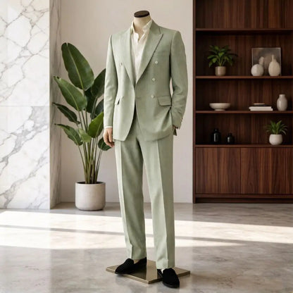 Mens Sage Green Double Breasted 2 Pieces Summer Wedding Suit Tailored Slim Fit Groom Formal Flap Pockets Beach Prom Office Wear
