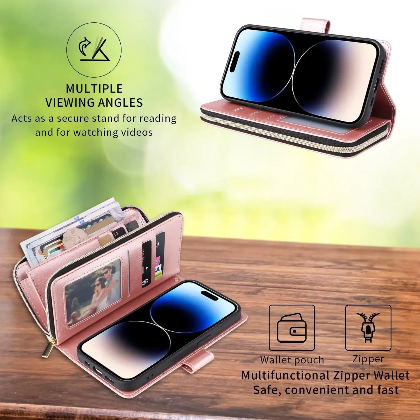 Double Layer Zipper Wallet Case with 9 Card Slots for iPhone 16 16E Pro Max 15 14 Plus13 12 Pro Max PU Leather Flip Cover