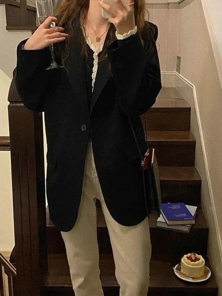 Eye Catching Women's Black Oversized Single Button Solid Wear To Work Casual Blazer Spring Autumn Jacket Influencer Korean Style