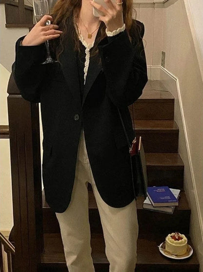 Eye Catching Women's Black Oversized Single Button Solid Wear To Work Casual Blazer Spring Autumn Jacket Influencer Korean Style
