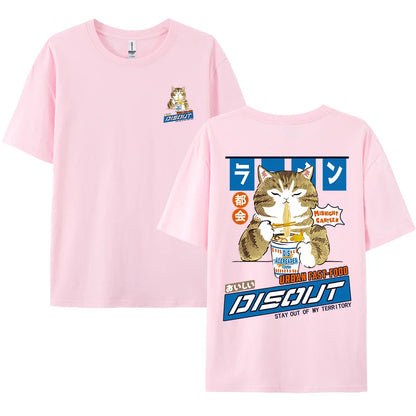 Harajuku Cat Cartoon Eating Noodles Graphic Men Women Tshirts Casual Short Sleeve Tees Japan Style Oversized T Shirt Clothing