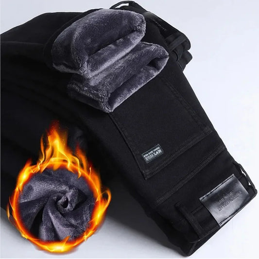 2025 New Winter Men Black Straight Stretch Denim Thick Velvet Pants Warm Jeans Casual Fleece Line Trousers Male Plus Size