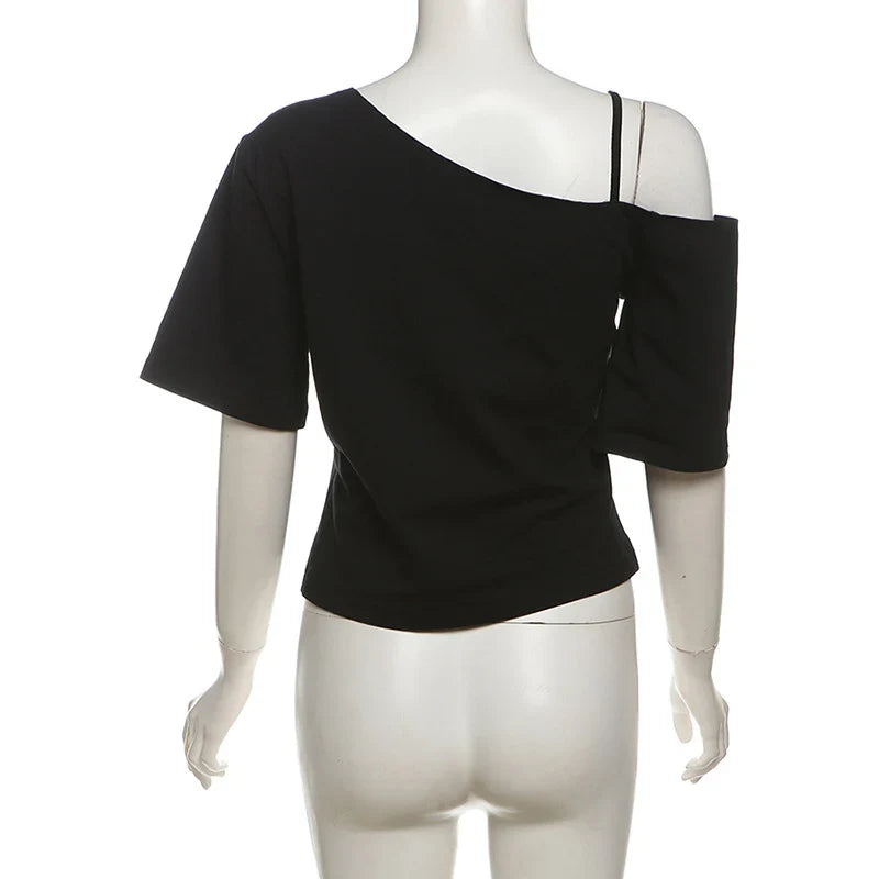 Gothic Tee Y2k Letter Print Off Shoulder Punk T-shirts Women Harajuku Summer Streetwear Grunge T Shirt Aesthetic Sexy Crop Tops