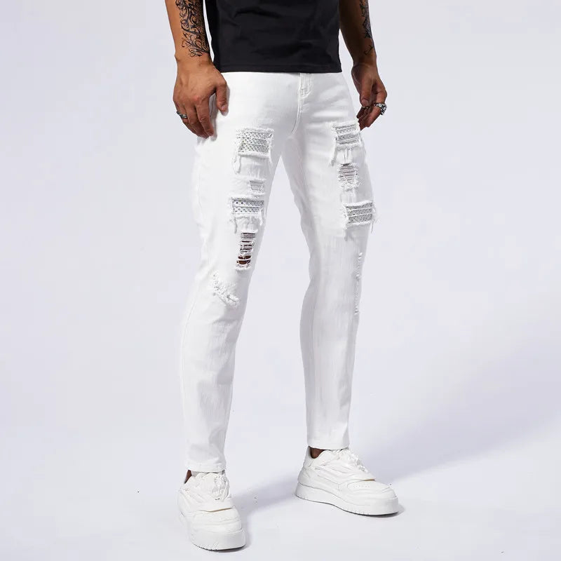 White Jeans Men's Cotton Skinny Elastic Ripped Hole Fashion Korean Denim Pants Rock Slim Trousers Hip-hop Streetwear