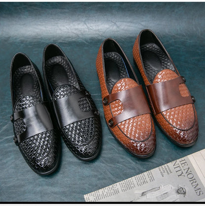 British Style Weave Pattern Microfiber Leather Monk Shoes Mens Buckle Party Wedding Loafers Moccasins Men Driving Flats