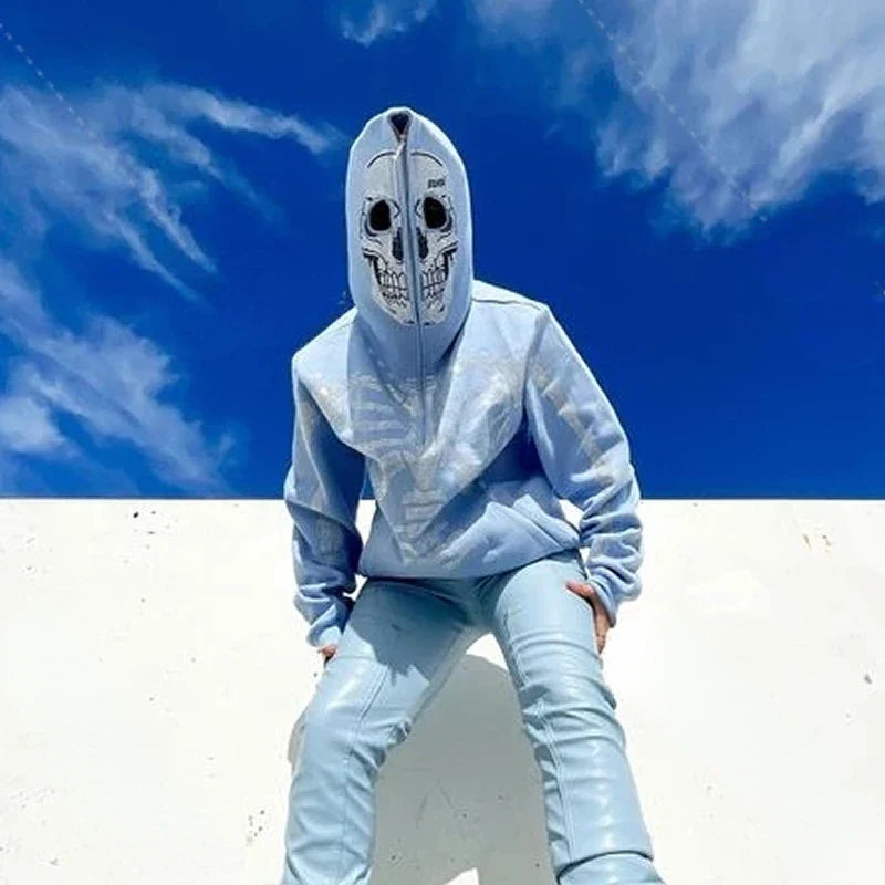 Gothic Long Sleeve Rhinestone Skeleton Hoodie Y2k Jacket Men Hoodies Oversized Full Zip Hoodie Goth Sweatshirt Sport Coat Autumn