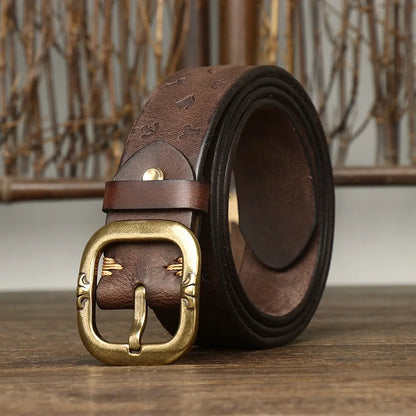3.8CM Pure Cowhide High Quality Genuine Leather Belts for Men Embossing Strap Male Copper Buckle Luxury Designer Jeans Cowboy