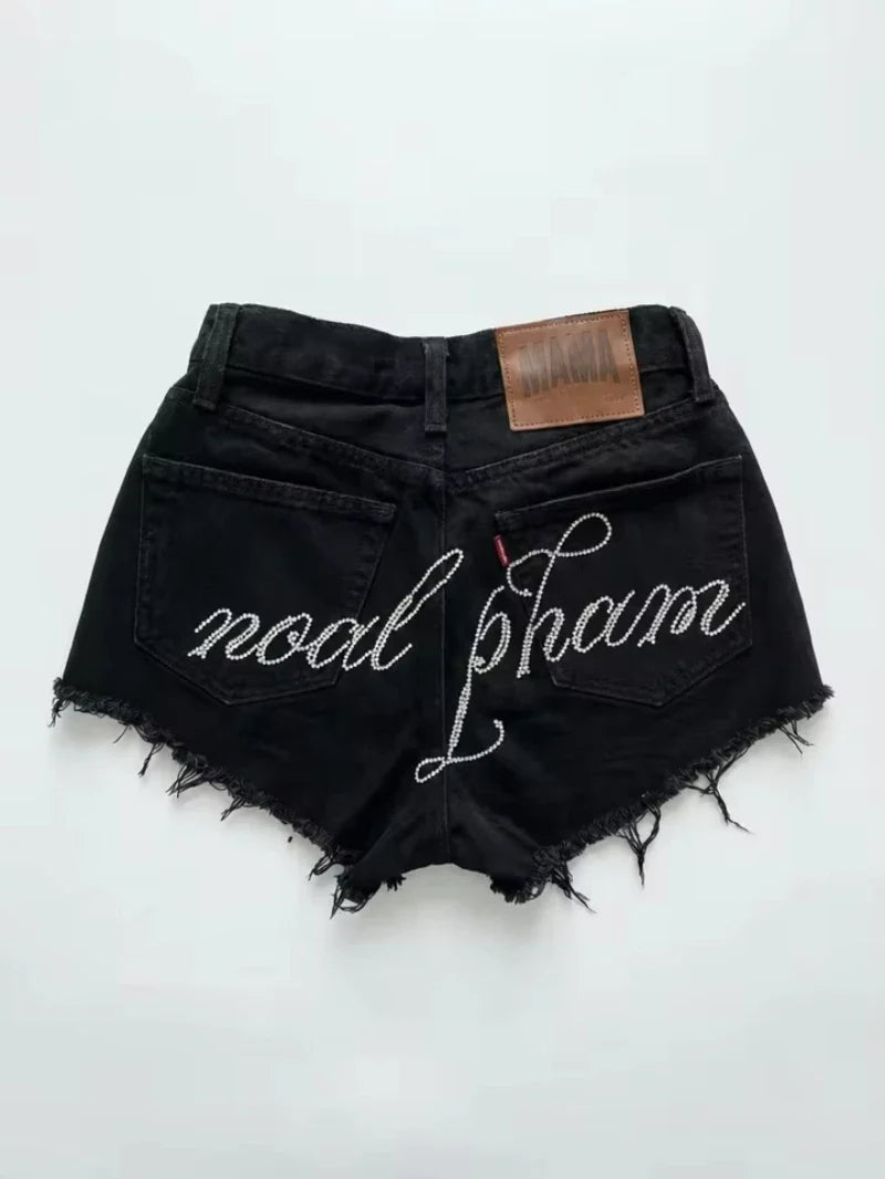 2026 American New Geometric Cherry Blossom Embroidery Wash Jeans Shorts Women Y2K Gothic Hip Hop Popular Casual Joker Shorts