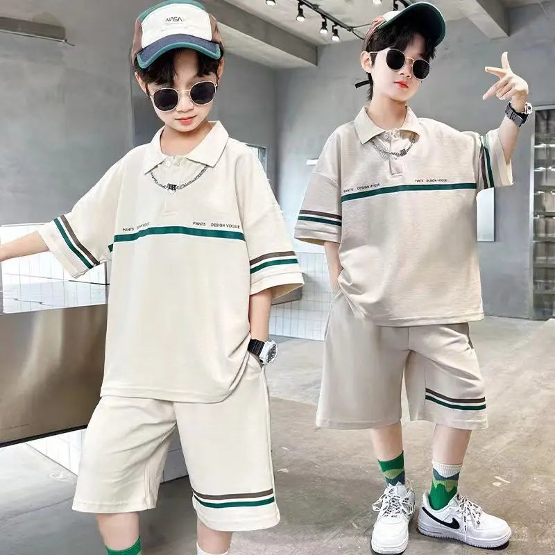Summer Boys Cotton Loose Alphabet Stripes T-Shirt Tops+Shorts Pant Sets School Kids 2PCS Tracksuit Children Outfits 3-16 Years