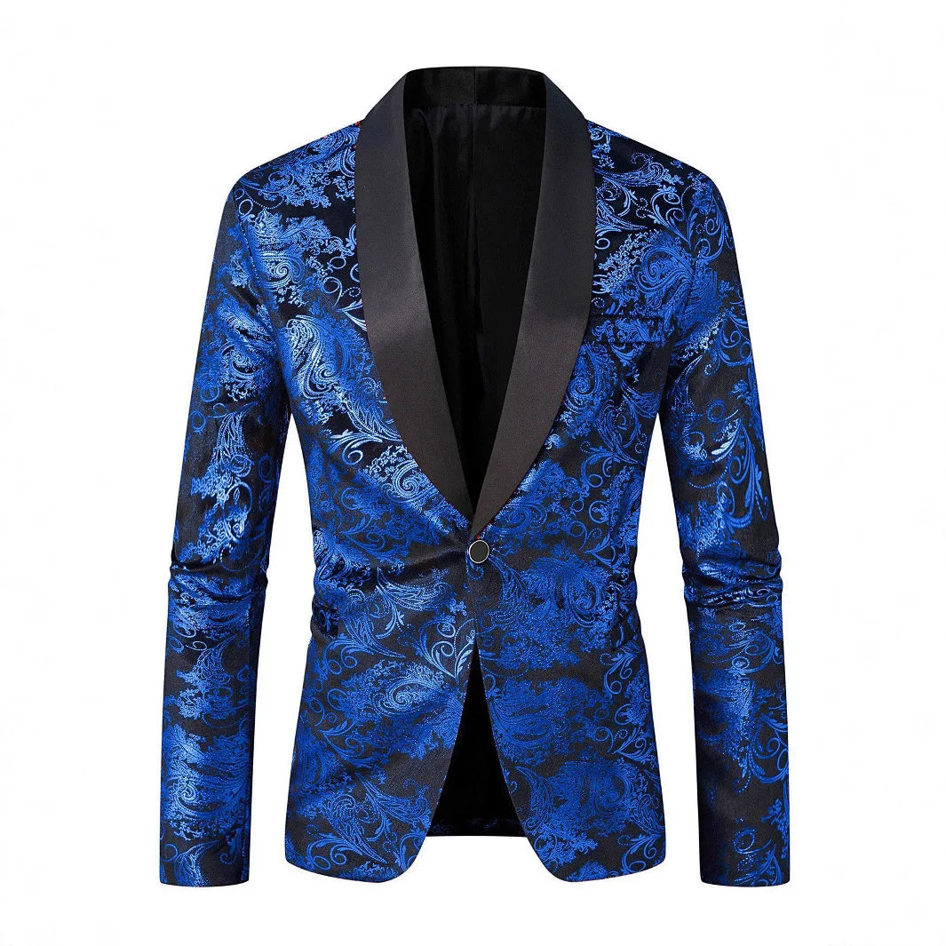 Men's Long-sleeved Suit Jacket, Purple Printed Black Collar Single-button Coat, Wedding/Party/Stage Performance Blazers