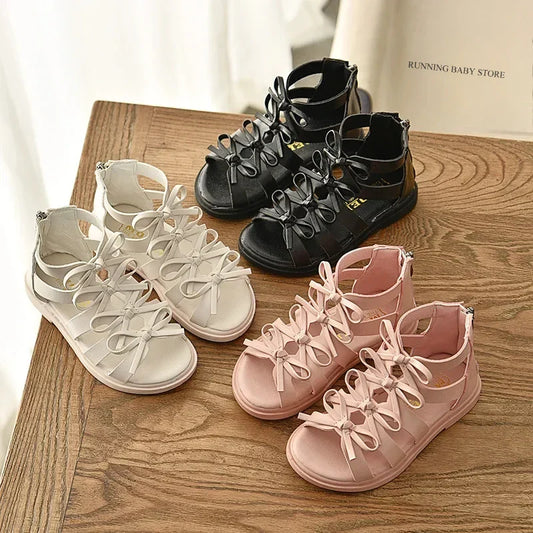 Gladiator Children Sandals for Girls 2025 Breathable Summer Girl Roman Shoes Boots Black Pink Beige Party Student Sandal I06095