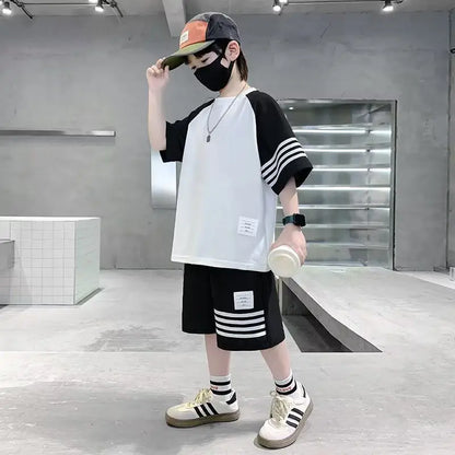Summer Casual Boys Cotton Contrast Striped t-Shirt Tops+Short Pant Sets School Kids Tracksuit Child 2PCS Jogging Outfit 5-16 Yrs