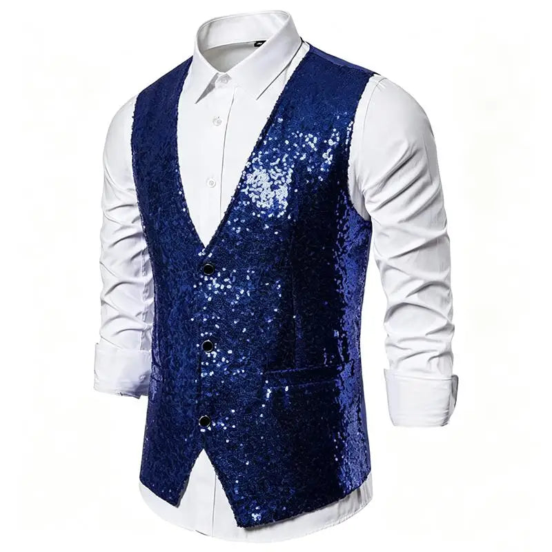 Shiny Sequin Men's V Neck Vest Single Breasted Suit Gilet Waistcoat for Wedding Prom Party Club Nightclub DJ Stage Performance