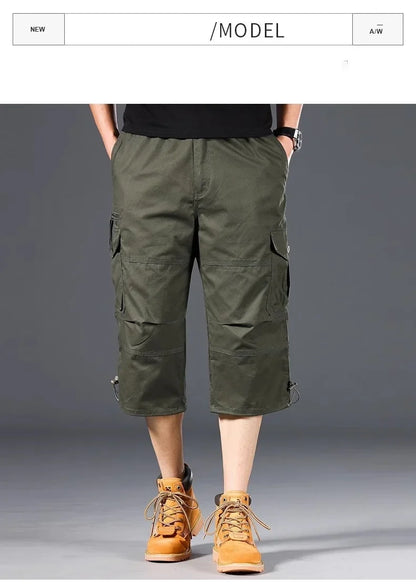 Knee Length Cargo Shorts Men's Summer Casual Cotton Multi Pockets Breeches Cropped Short Trousers Camouflage Shorts