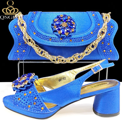 Open Toe Women Heels for 2024 Elegant Party Olive Color Diamond Pumps Italian Shoes and Bags Matching Set