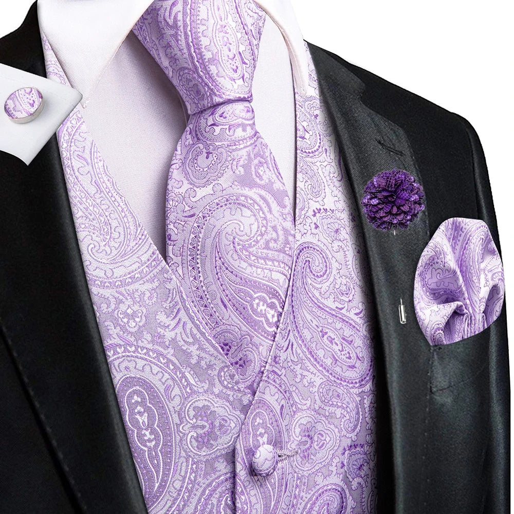 Navy Blue Mens Silk Vests Business Paisley V-Necl Waistcoat Tie Hanky Cufflinks Brooch Set for Men Suit Wedding Formal Hi-Tie