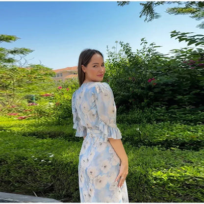 V-neck Organza Floral Chiffon Puff Sleeve Slit Long Dress Bodycon High Slit Bodycon Sexy Dresses Lady Chic Daily Sweet Date Robe