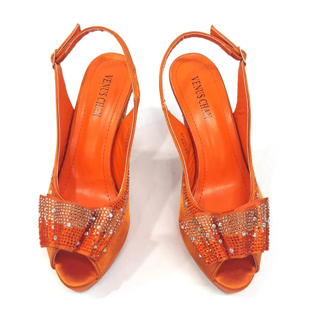 Women High Heels Sandals Printing Flower Material with Rhinestone Italian Design Coffee Color Open-Toed Shoes