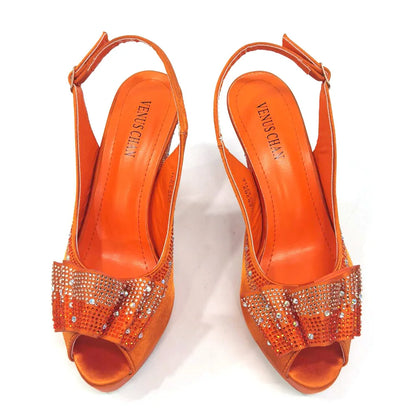 Women High Heels Sandals Printing Flower Material with Rhinestone Italian Design Coffee Color Open-Toed Shoes