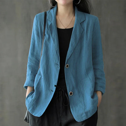 Women Lapel Neck Long Sleeve Blazer Autumn Vintage Casual Solid Cotton Blazer Elegant Cardigan Thin Coats Work Suits