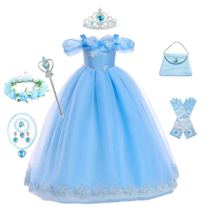 Girls New Year Blue Long Dress for Kids Christmas Birthday Party Dresses Butterfly Cinderella Cosplay Costumes Chidren Outfits