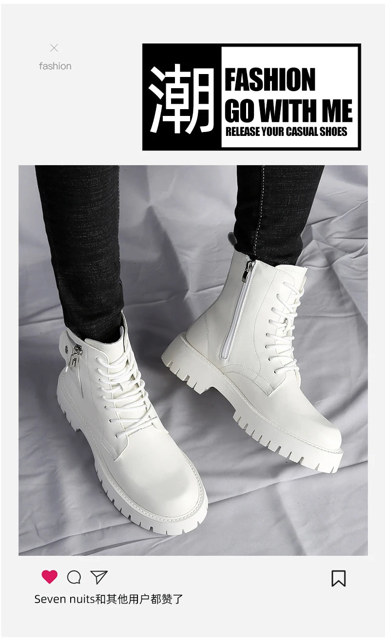 Fashion White Boots For Men New British Style Platform Motorcycle Boots Good Quality Casual Men’s High Top Leather Shoes Punk