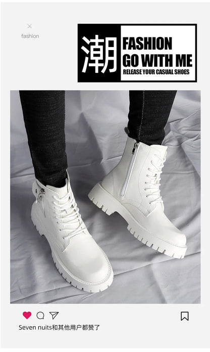 Fashion White Boots For Men New British Style Platform Motorcycle Boots Good Quality Casual Men’s High Top Leather Shoes Punk