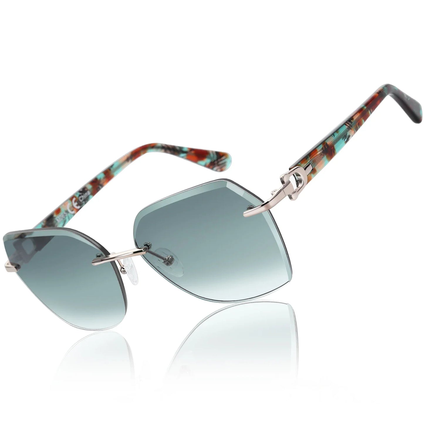 Fashion Women Rimless Sunglasses for Ladies Trendy Geometric Diamond Cutting Gradient Lens UV Protection Shades