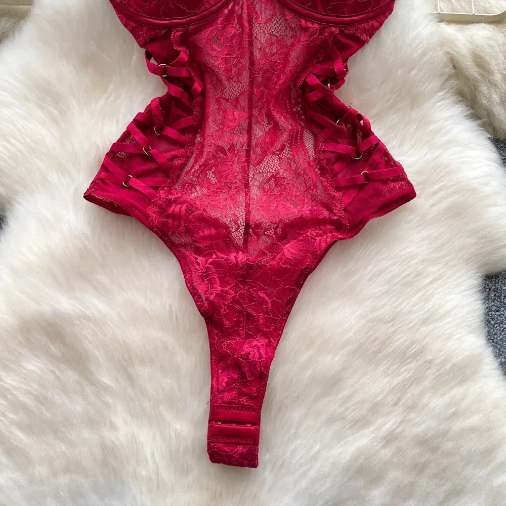 Sexy Lace Push Up Bodysuit See Through Mesh Patchwork Sleeveless Slim Thin One Pieces Elegant Women's Strappy Lingerie